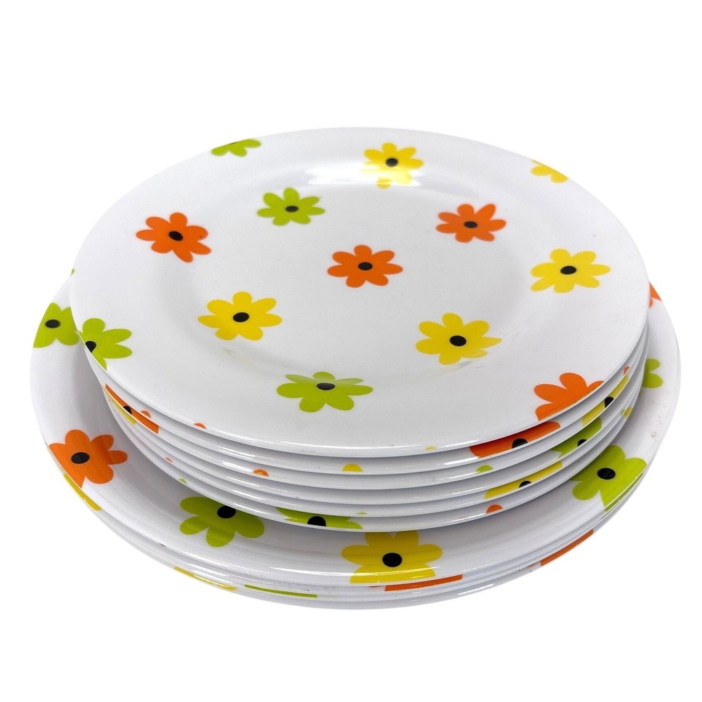 VTG Style Melamine Floral Plate Set 10pc Retro Orange Green Yellow Flower Set